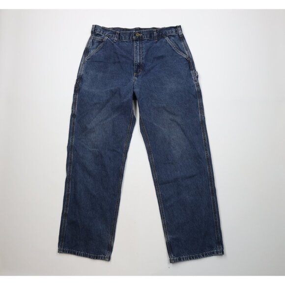 Vintage Y2K Carhartt Mens 36x32 Faded Wide Leg Dungaree Denim Jeans Blue Cotton